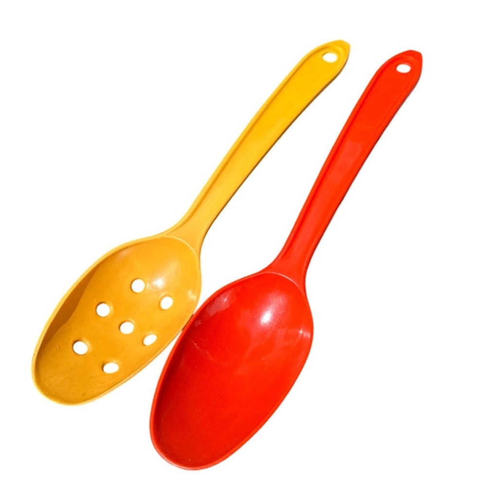 Vintage Hutzler Lopol Red and Yellow Mixing Slotted Spoon Set No 700P USA